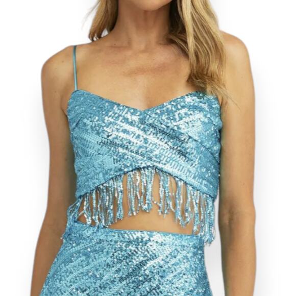 SAYLOR x Revolve | Large | Persephone Sequin Fringe Crop Halter Top in Teal - Picture 1 of 11